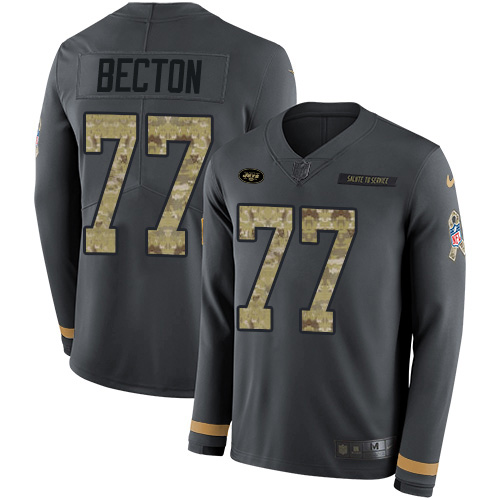 Nike Jets #77 Mekhi Becton Anthracite Salute to Service Youth Stitched NFL Limited Therma Long Sleeve Jersey